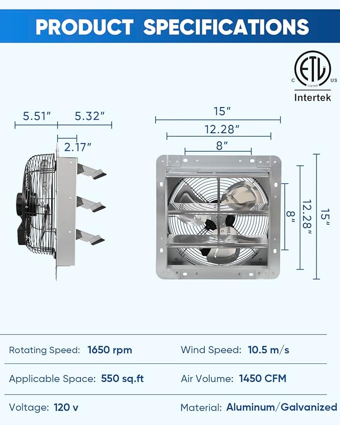 KEN BROWN 12 Inch Shutter Exhaust Fan Wall Mounted,Aluminum with 1.65 Meters Power Cord Kit,High Speed 1450CFM,Vent fan for Commercial,Greenhouse,Attic,Shed,Shop - Image 2