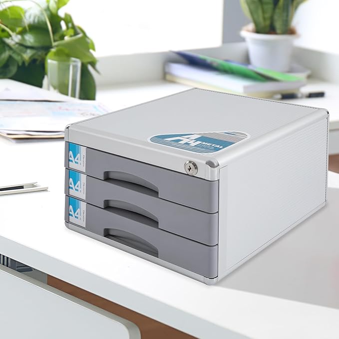 3 Tier Desktop Drawer Organizer, 3 Drawers Aluminum Alloy File Organizer, Drawers Built in Letter Tray and Slot Document Storage Box with Key for Offices School - Image 7