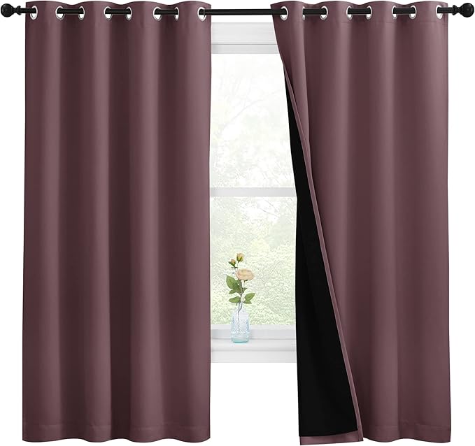 NICETOWN Bedroom Full Blackout Room Warming Curtain Panels, Super Thick Insulated Window Covers, Complete Blackout Draperies with Black Liner for Short Window (Dry Rose, Set of 2, 55 by 68-inch) by NICETOWN