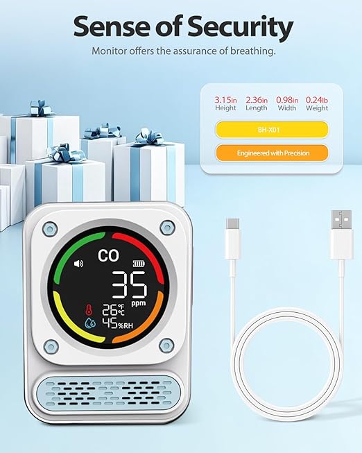 3-in-1 Carbon Monoxide Detector, 0-1000ppm CO Meter with Temperature Humidity, 260H Standby Rechargeable Battery Operated Reader, Portable Magnetic Air Quality Monitor Alarm for Travel Hotel Safety - Image 9