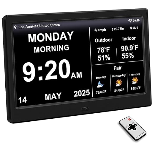 2025 New Digital Clock with Temperature/Humidity & Weather Forecast, Auto Time Sync Large Display, Custom Alarms & Medication Reminders, Ideal for Elderly(Black, 10.1-Inch) by FEYBYLA
