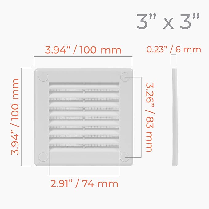 4" x 4" (Outer Size) Square Air Vent Cover – White Plastic Vent Deflector - Screen Mesh, Surface Mount Wall Ceiling – Cold Air Return Soffit Air Vent Cover - Register Indoor Outdoor - Image 4