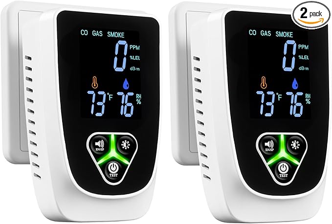 2 Pack 5-in-1 Carbon Monoxide Detectors Plug in, Natural Gas Leak Detector& Smoke Alarm with LCD Display Sound & Light Alert, Portable Fire Alarm with Temperature & Humidity Sensor for Home Travel by zealme