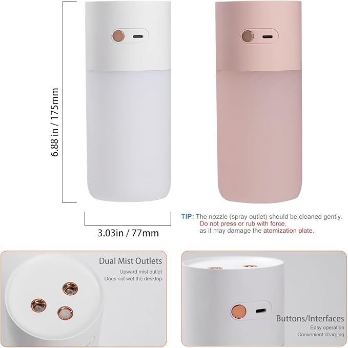 HODEMI Portable Small Humidifier - Cold Mist Humidifiers with Water Shortage Protection, Warm Night Light, Recharge Dual Nozzle Mini Humidifier for Bedroom, Plants, Office, and Car (Pink) - Image 7