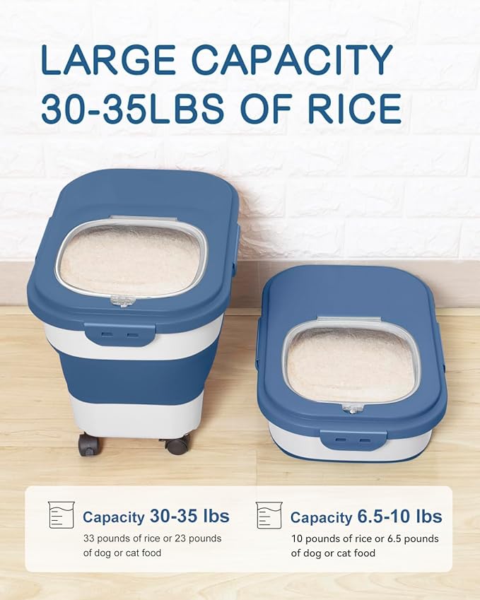 20-30 Lbs Rice Storage Container,Collapsible Food Storage Containers with Rolling Wheel Airtight Locking Lid,Flour Storage Container with Cup and Scoop,Suitable for Food,Rice,Pet Food,Flour - Image 2