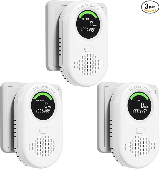 3 Pack Carbon Monoxide Detectors Plug in, Voice Broadcast 4-in-1 Portable Natural Gas Leak Detector with LCD Display, Carbon Monoxide & Methane Gas Alarm with Temp and Humidity for Home Travel RV by zealme