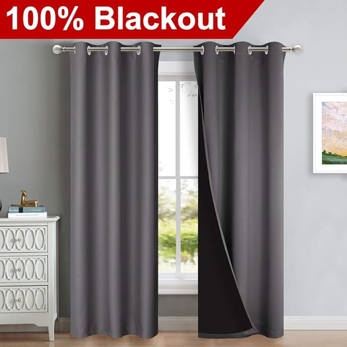 NICETOWN Room Warming Blackout Curtains 80 inches Long, Full Light Blocking Drapes with Black Liner for Nursery, Thermal Insulated Draperies for Hall, Villa (Grey, 2 Pieces, 42" Wide Each Panel) - Image 2