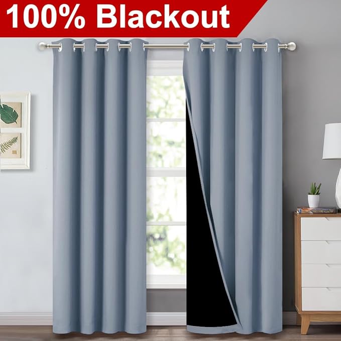 NICETOWN 100% Blackout Curtains 84 inches Long, Vintage Blue, 52 inches Wide, Pair of Energy Smart & Noise Blocking Out Drapes for Baby Room Window, Thermal Insulated Guest Room Lined Window Dressing - Image 2