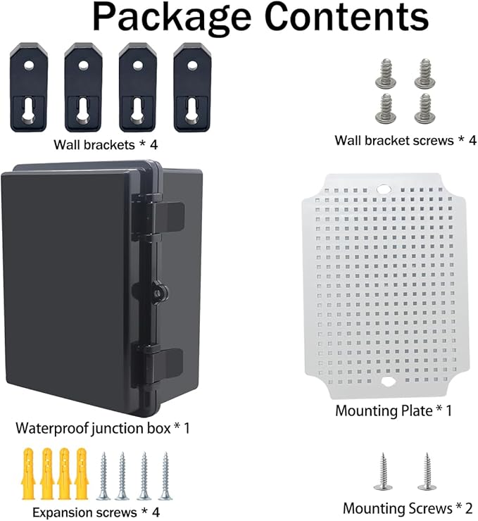 Junction Box, Hinged Black Cover IP67 Waterproof ABS Project Box with Mounting Plate Electrical Box Enclosure with Wall Bracket 8.7 x 6.7 x 4.3inch(220x170x110mm) - Image 7