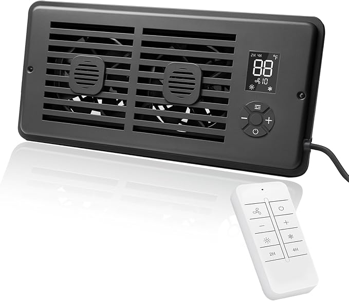 Register Booster Fan for 4" x 10" Vents Only, 10 Speeds to Control Cool & Warm Airflow, Air Conditioning Vents with LED Screen Remote & Thermostat Control, for Room Walls & Floors (Black) by WeeLeeGoo