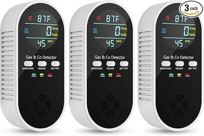 5-in-1 Carbon Monoxide Detectors, Natural Gas Leak Detector, Plug-in & Battery Backup Co Detector, HD Digital Display, CO Gas Temp Humidity Sensor, 3-Pcs, Black by VilfeLLC
