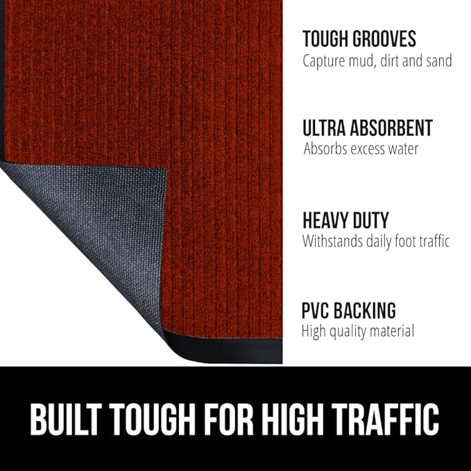 GORILLA GRIP Waterproof Traffic Guard Door Mat, 35x23, Heavy Duty Entryway Mats, Strong Backing Commercial Utility Rugs for Office Hallway, Garage Floor and Home, Low Profile Carpet Runner, Red - Image 2