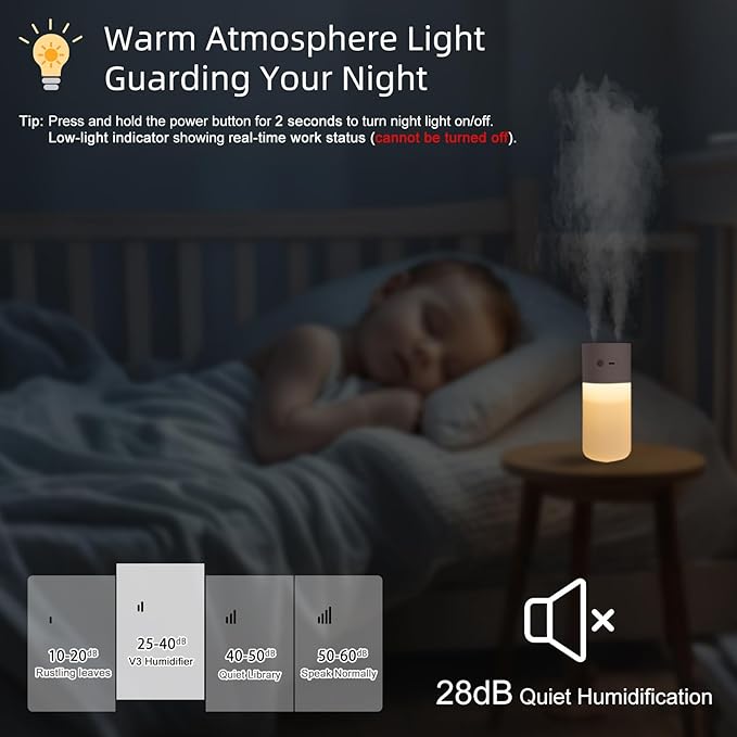 HODEMI Portable Small Humidifier - Cold Mist Humidifiers with Water Shortage Protection, Warm Night Light, Recharge Dual Nozzle Mini Humidifier for Bedroom, Plants, Office, and Car (Pink) - Image 6