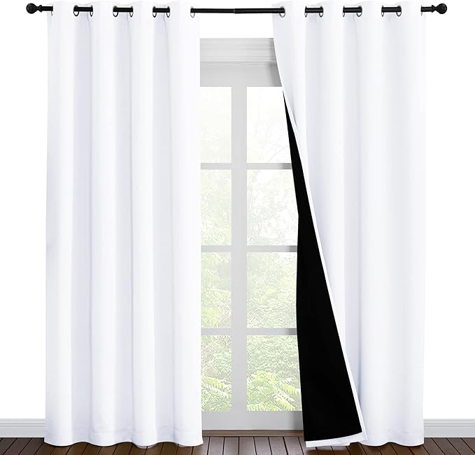 NICETOWN 100% Blackout Window Curtain Panels, Cold and Full Light Blocking Drapes with Black Liner for Nursery, 86 inches Drop Thermal Insulated Draperies (White, 2 Pieces, 55 inches Wide Each Panel) by NICETOWN