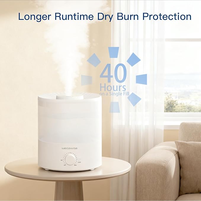 MEGAWISE 1.5L Cool Mist Humidifier for Bedroom, Home, Office, and Plants, Essential Oil Diffuser with Adjustable Mist Output, 25dB Quiet Ultrasonic, Up to 10 Hours, Easy to Clean - Image 8