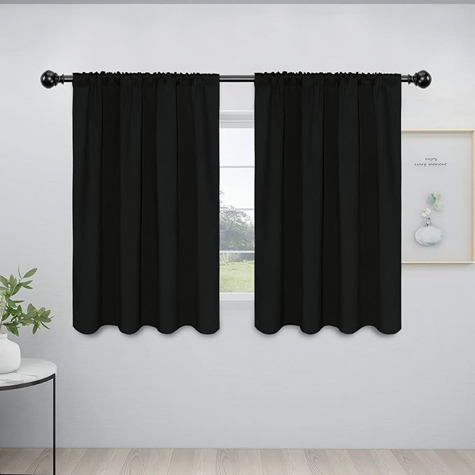 Easy-Going Rod Pocket Blackout Curtains for Bedroom, Room Darkening Window Curtains for Living Room, Thermal Insulated Noise Reduction Solid Window Drapes, 2 Panels(42x45 in, Black) by Easy-Going