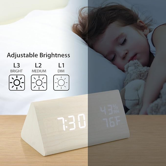 OCT17 Wooden Alarm Clock, Wood Alarm Clock Smart LED Digital Clock for Bedroom/desks, Upgraded with Time Temperature, Adjustable Brightness and Voice Control, Humidity Displaying - White - Image 6