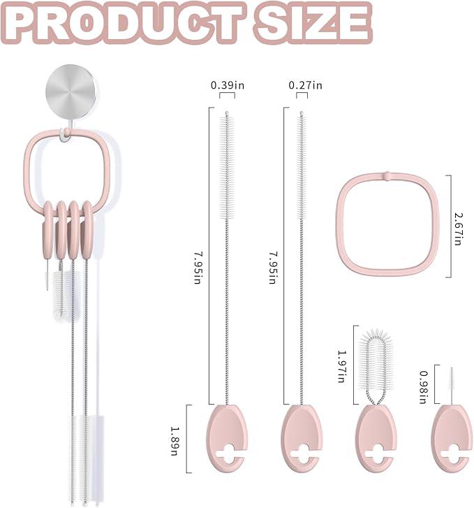 YOTIME Standing Straw Cleaner Brush Set, 4in1 Reusable Straw Brushes with Holder Ring, for Wide and Narrow Straws, Tumblers, Water Bottles and Cups, Pink - Image 2