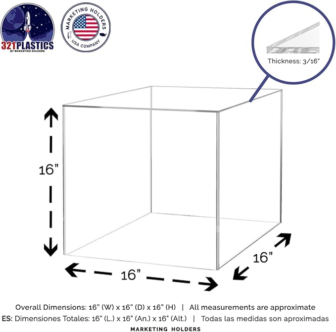2 Pack 16 Inch Clear Acrylic Display Box Versatile Square One Piece No Lid Plexiglass Retail Product Storage Bin or Merchandise Riser with One Open Side No Assembly by Marketing Holders - Image 5