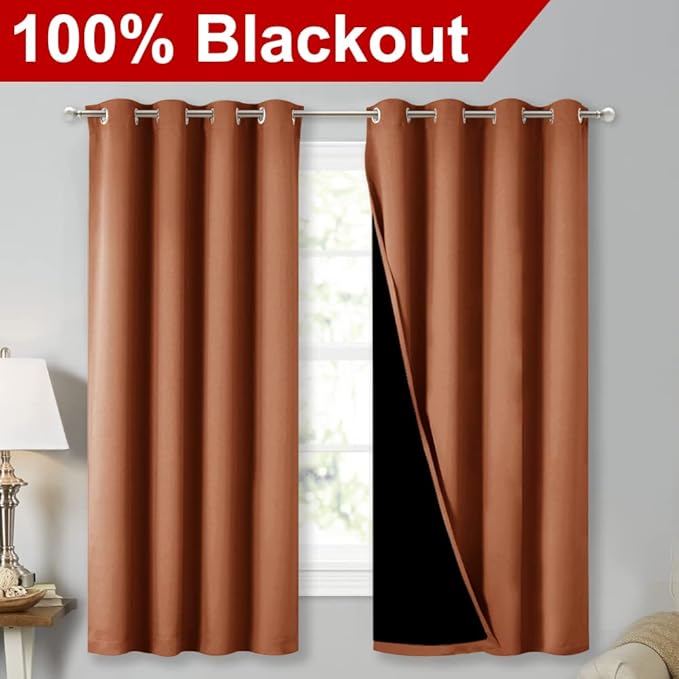 NICETOWN Burnt Orange 100% Blackout Lined Curtains, 2 Thick Layers Completely Blackout Window Treatment Thermal Insulated Drapes for Kitchen/Bedroom (1 Pair, 52" Width x 63" Length Each Panel) - Image 2