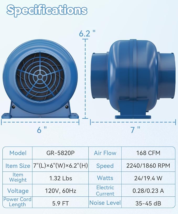 Artibear 3.5 Inch 168 CFM Inline Duct Ventilation Fan with 2 Speed Controller, Air Vent Blower for Hydroponic Grow Tent, Greenhouse, Workshop, Attics, Basement, Kitchens, Blue - Image 6