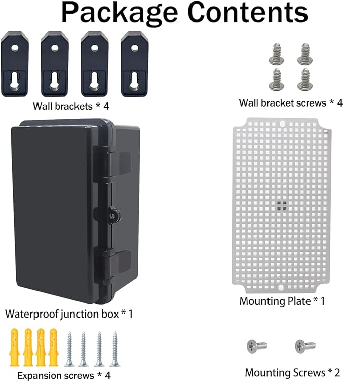 Junction Box, Hinged Black Cover IP67 Waterproof ABS Project Box with Mounting Plate Electrical Box Enclosure with Wall Bracket 8.3 x 5.1 x 4.3inch(210x130x110mm) - Image 6