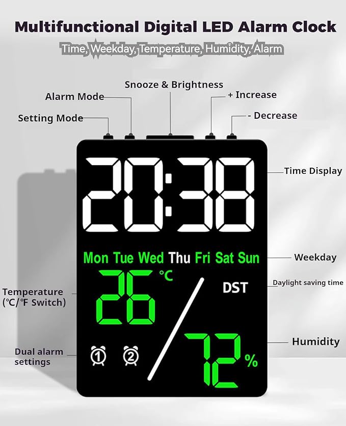 Digital LED Alarm Clock with Thermo-Hygrometer,Dual Alarms,Snooze,Date & Year Display,12/24 Hour Switch,Weekdays,DST,Auto Dimmable with 3 Brightness Levels,USB Output (5V1A) (White+Green Digits) - Image 4