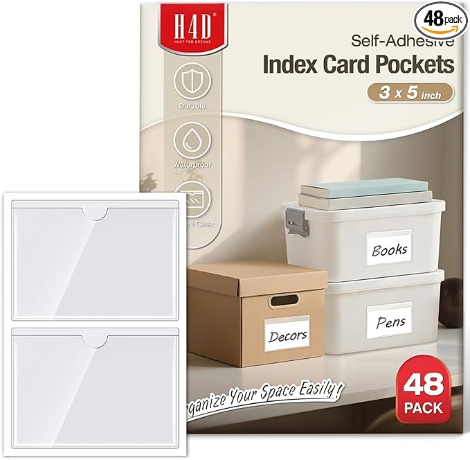 H4D 48 Pack Labels for Storage Bins, 3" x 5" Plastic Clear Adhesive Index Card Holders, Tote Label Pockets for Organizing Storage, Library Card, Shelves by H4D