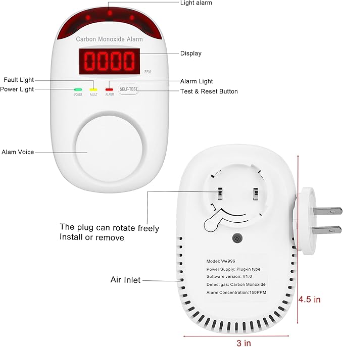 Koabbit Carbon Monoxide Detector - Plug in CO Level Monitor Alarm with Digital Display Sound & Light Warning for Home/Apartments/Hotel,Accurate & Easy to Install (White) - Image 2