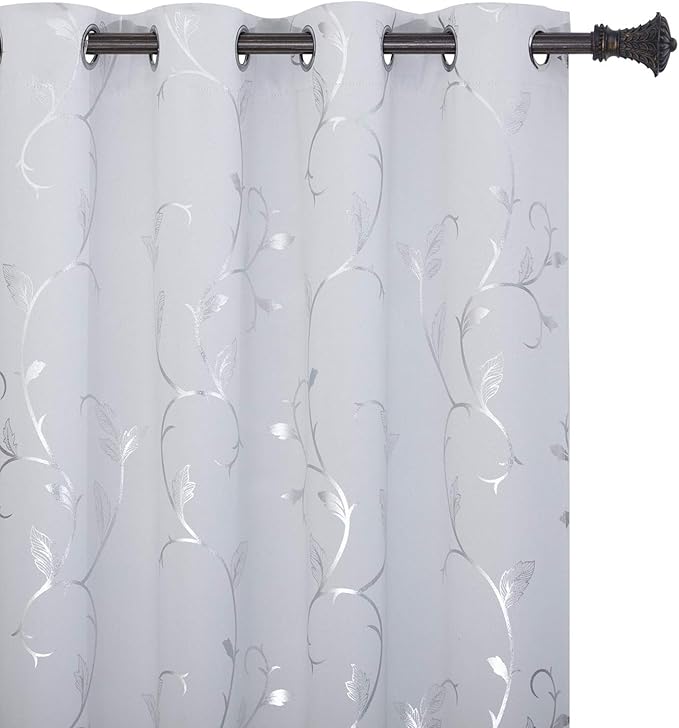 BUHUA Silver Grey Blackout Curtain 2 Panel Set Vine Foil Print Thermal Insulated Drapes Room Darkening Curtains Grommet Window Treatment, 66 x 72 Inch, Greyish White by BUHUA