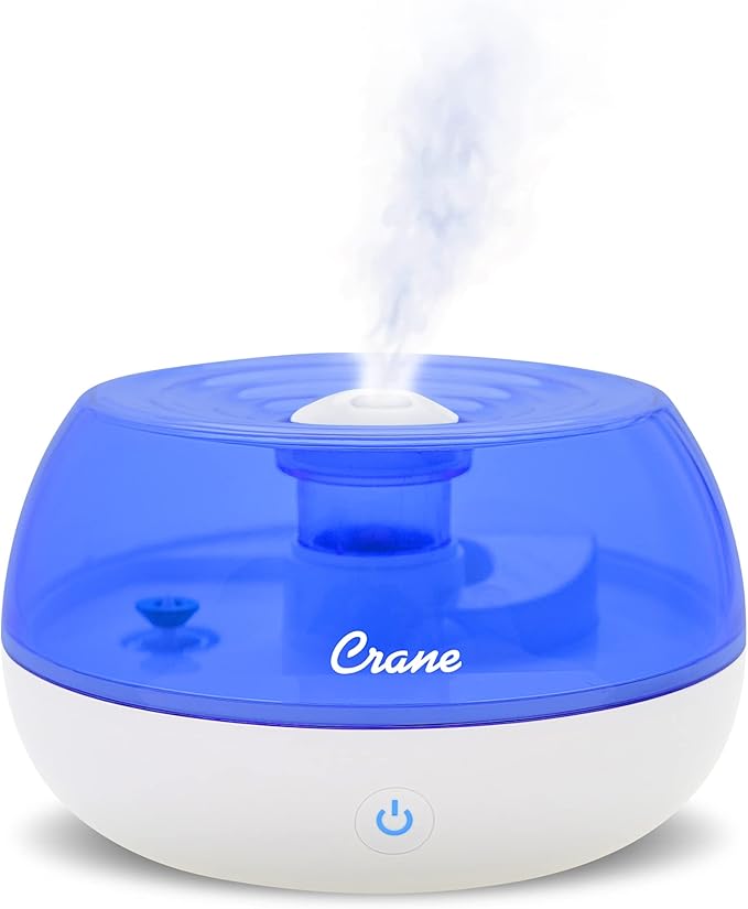 Crane Personal Ultrasonic Cool Mist Travel Humidifier and Vaporizer for Congestion Relief, 360° Adjustable Nozzle, Filter-Free .75 Liter Tank, Blue/White, Office Humidifier by Crane