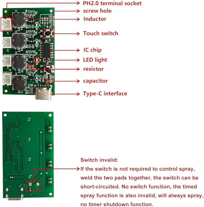 1 in 4 DC5V Humidifieration Atomization Disc Kit Type-C Interface Humidifier Module DIY Atomization Control Drive Circuit Board 4 Nozzle Spray with Switch - Image 3