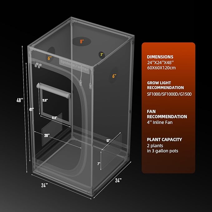 Spider Farmer 2x2 Grow Tent 2025 New, 24"x24"x48", with Hook for Controller, View Window, Side Buckle for Door, 1680D Thicken Mylar Canvas for Indoor Hydroponic Growing for SF1000, SE1500, G1500 - Image 8