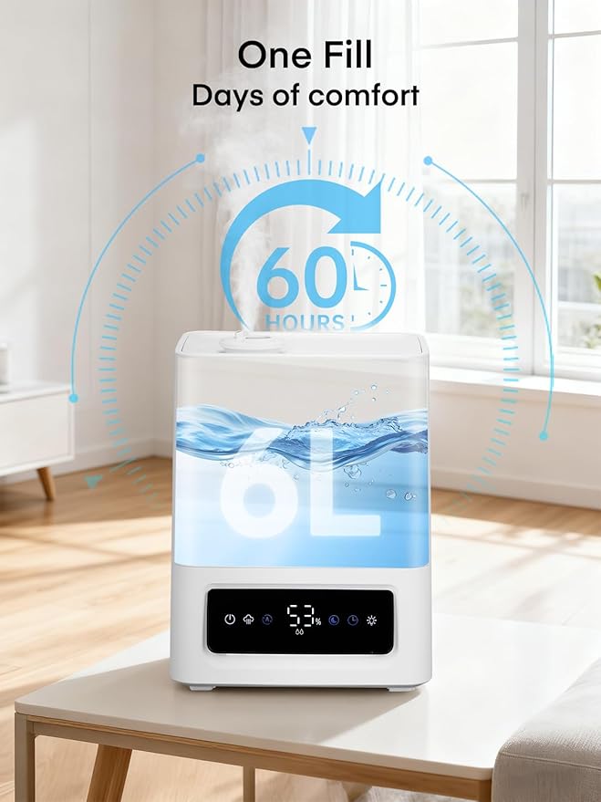 FOHERE 6L Humidifiers for Bedroom, 60H Cool Mist Humidifier for Large Room, 28dB Ultra-Quiet Runtime for Baby, Indoor, Plants, Smart Humidity Sensor, 16H Timer, Night Light, Oil Diffuser, White - Image 3
