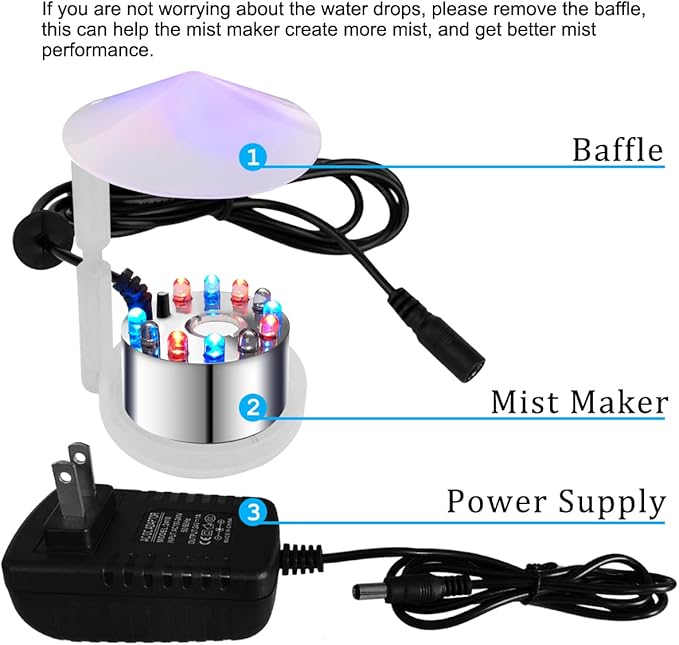 PULACO Mist Maker, 12 LED Mister Fogger Water Fountain Pond Fog Machine Atomizer Air Humidifier, Indoor Fountain Mister Foggers Perfect for Halloween - Image 3