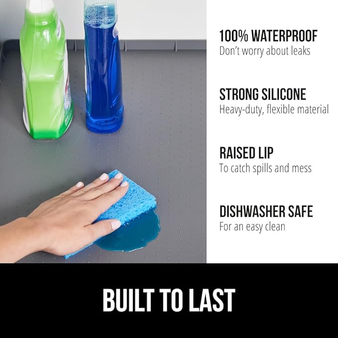 GORILLA GRIP Waterproof Silicone Under Sink Mat with Raised Lip for Kitchen and Bathroom, Cabinet Shelf Liner Stay in Place Mats Dishwasher Safe Drawer Liner, Organizer Tray, 19 x 22 in, Gray - Image 2
