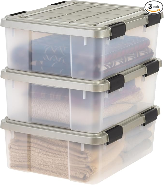 IRIS USA 27 Qt Storage Bins with Gasket Seal Lid, 3 Pack - BPA-Free, Heavy Duty Moving Containers Tight Latch, Weather Proof Tote, WEATHERPRO - Clear/Chrome by IRISUSA