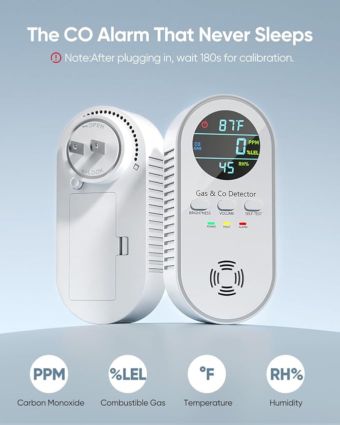 5-in-1 Carbon Monoxide Detectors, Natural Gas Leak Detector, Plug-in & Battery Backup Co Detector, HD Digital Display, CO Gas Temp Humidity Sensor Vilfet, 2-Pcs, White - Image 2