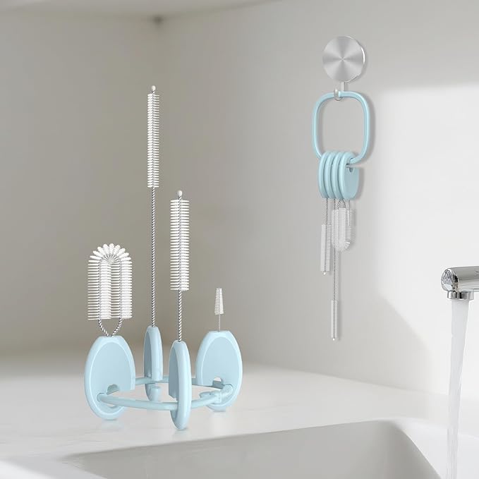 YOTIME Standing Straw Cleaner Brush Set, 4in1 Reusable Straw Brushes with Holder Ring, for Baby Bottles, Sippy Cups and Lids, Blue - Image 7
