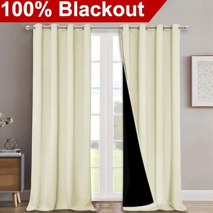 NICETOWN Living Room Completely Shaded Draperies, Privacy Protection & Noise Reducing Ring Top Drapes, Black Lined Insulated Window Treatment Curtain Panels (Beige, 2 Pieces, W52 x L102) - Image 2