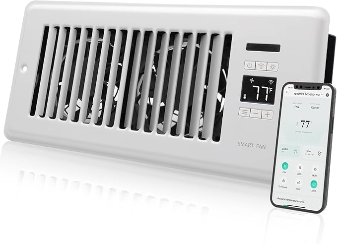 Super Quiet Register Booster Fan for 4" x 10" Register Holes, Smart Register Vent with Dual Intelligent Thermostat and WIFI App Control, Heating Cooling AC Vent Fan (White) by Howeall