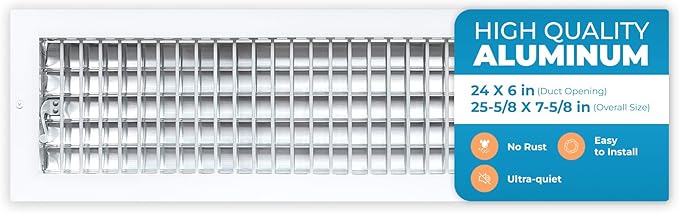 Aluminum 24 x 6 Air Vent Cover – Adjustable Grille with Damper – Overall Size 25-5/8 x 7-5/8 – Rustproof HVAC Wall Register for Quiet Airflow – White Finish by Air360