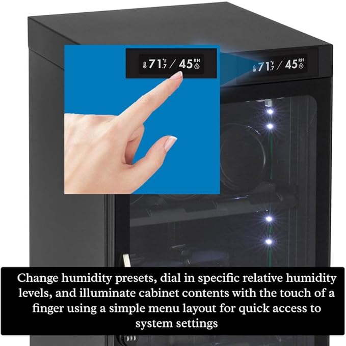 50LT Electronic Dry Cabinet for Camera, Lens & Electronics – Silent Dehumidifying Storage, Touchscreen Humidity Control (60‑35% RH), 2 Adjustable Shelves, LED Light, Lock, Energy Saving - Image 4
