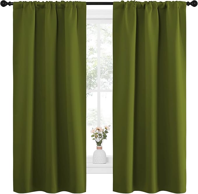 NICETOWN Bedroom Curtains Draperies with Rod Pocket, Nursery Essential Thermal Insulated Blackout Curtain Panels for Small Window (Olive Green, 1 Pair, 34 x 63) - Image 2