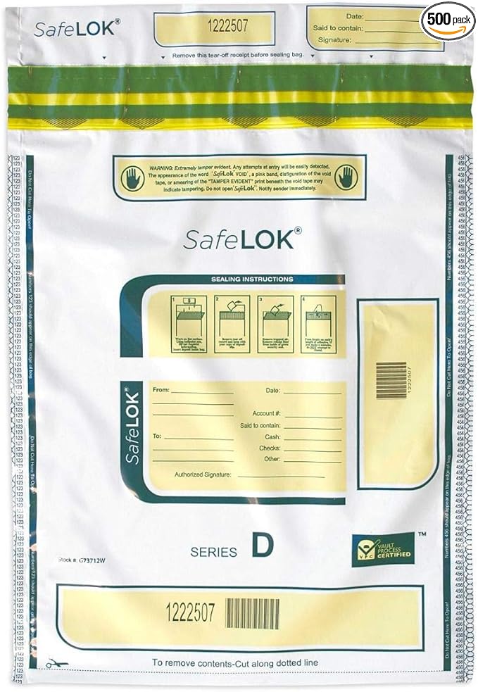 ControlTek SafeLok 12" x 16", White, 500 Bags, Tamper-Evident Deposit Bags, Cash Currency Handling & Valuables, Moisture, Heat, Cold Detection, Tear-off Receipt + Large Barcodes 585094 by ControlTek