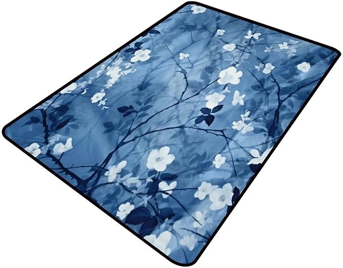Blue Watercolor Floral Pile Carpet - Moisture Barrier, Fade, Flame, Quick Dry, Stain Resistant Floor Carpet for Living Room Bedroom, 48 x 72 Inch by Snarena