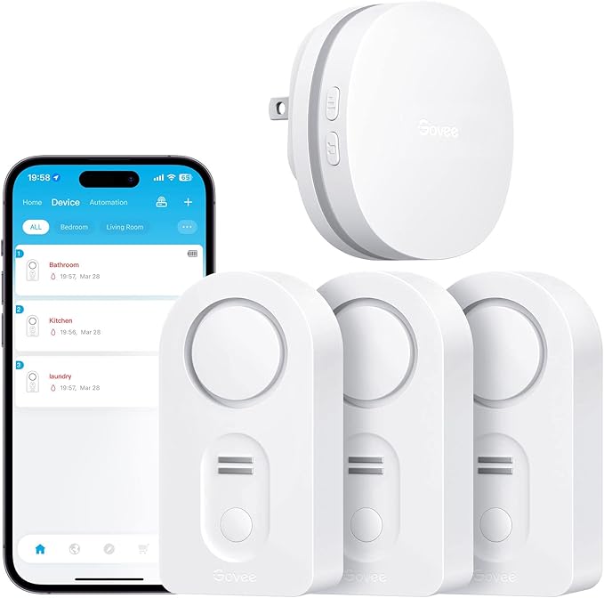 Govee WiFi Water Leak Detector 3 Packs, Leak Alert with Remotely Email/APP Push and Sound Alarm, Smart Water Sensor with 100dB Adjustable Alarm, Suit for Home and Basement by Govee