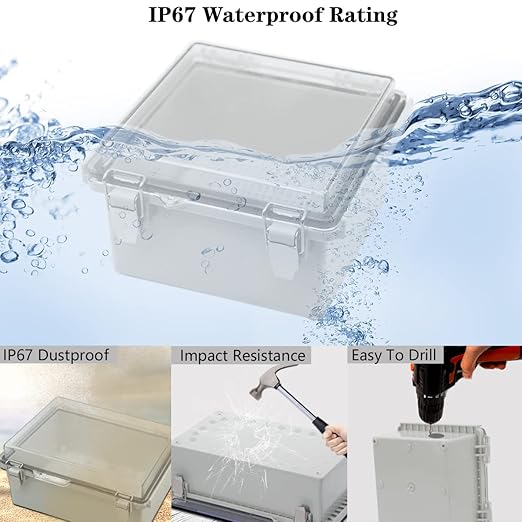 Zulkit Junction Box IP67 Waterproof Electrical Box Hinged Clear Cover Stainless Steel Latch Plastic Enclosure for Project w Mounting Plate Wall Bracket and 2 Cable Gland 5.9"x5.9"x3.5"/150x150x90mm - Image 3