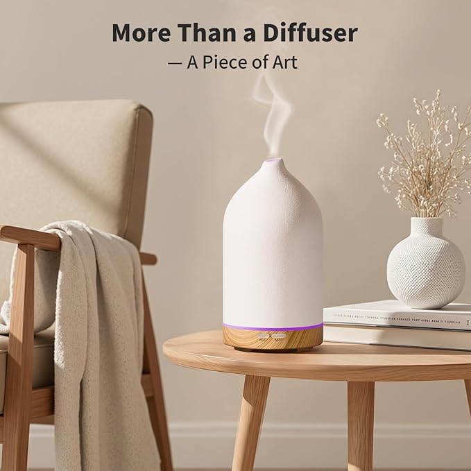 URPOWER 120ML Ceramic Essential Oil Diffuser Ultrasonic Aromatherapy Diffuser with Wood Grain Base, 7-Color LED Lights Auto Shut-Off, Humidifier for Home & Office, Air Diffuser for Relaxation - Image 5