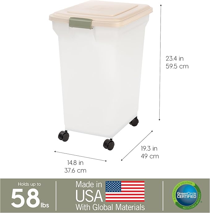 IRIS USA 58 Lbs / 67 Qt WeatherPro Airtight Pet Food Storage Container with Attachable Casters, For Dog Cat Bird and Other Pet Food Storage Bin, Keep Fresh, Translucent Body, Pearl/Almond - Image 3